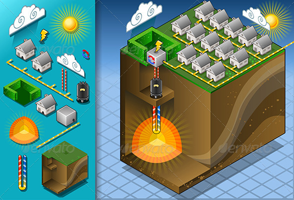 Isometric Geothermal Heat Pump Diagram with Magma - Buildings Objects