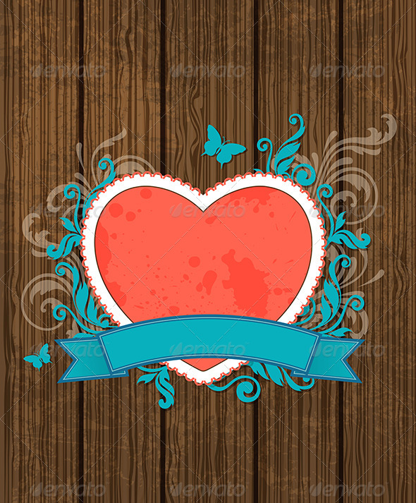 Wooden Background with Red Heart - Valentines Seasons/Holidays