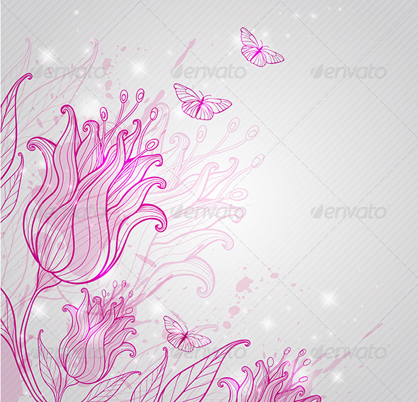 Pink Tulips and Butterflies - Flowers & Plants Nature