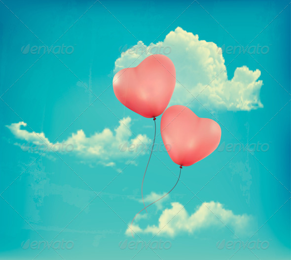 Valentine Heart-Shaped Baloons in a Blue Sky - Valentines Seasons/Holidays