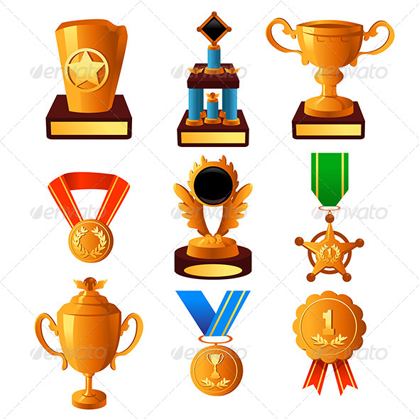 Gold Medal and Trophy Icons - Objects Vectors