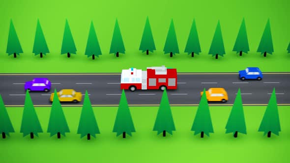 A busy highway. The fire truck with the flashing lights on the emergency call alt