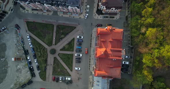 Drone Aerial Top View Kyiv Roofs on the Streets at Beautiful Sunset or Sunrise alt