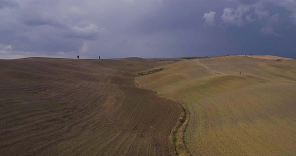 Aerial, Beautiful View On Tuscan Fall Landscape On A Rainy Day In Italy