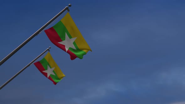 Myanmar  Flags In The Blue Sky - 4K