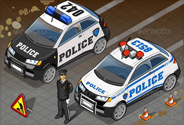 Two Isometric Police Car in Front View - Objects Vectors