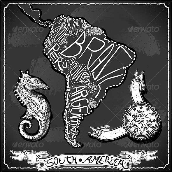 South America Map Vintage Handwriting BlackBoard - Decorative Vectors