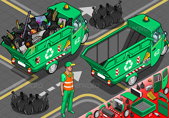 Isometric Garbage Rickshaw in Rear View - Objects Vectors