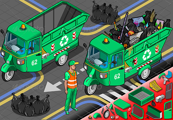 Isometric Garbage Rickshaw in Front View - Objects Vectors
