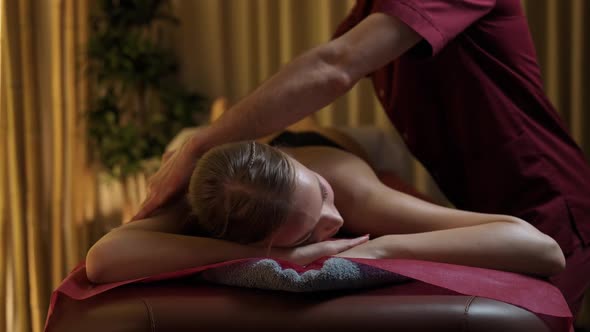 Spa Treatments Professional Masseur Makes a Relaxing Back Massage to a Young Female Beautiful Female alt