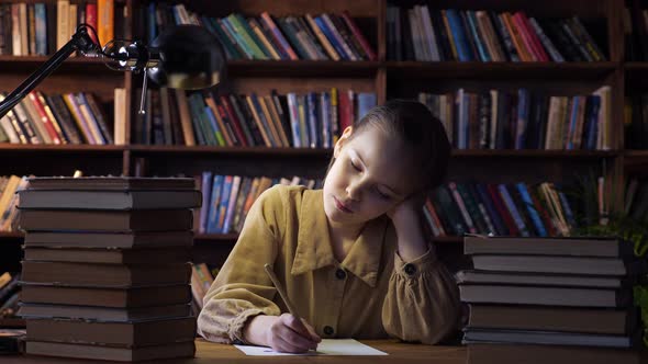 Tired Girl Writes Home Assignment on Sheet of Paper By Books alt