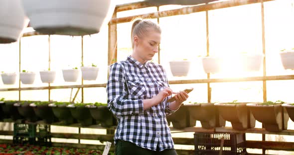 Female Botanist Using Calculator At Greenhouse alt
