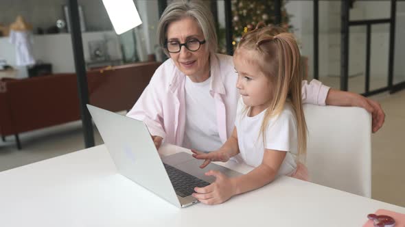 Child and Granny Looking at the Camera with Laptop alt