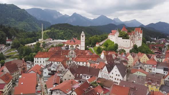 Magnificent Views of the Resort Town of Fussen on the River Lech in Bavaria. Aerial Survey. alt