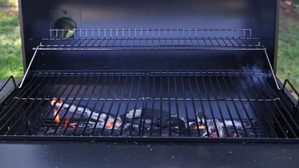 Empty Barbecue Grills with Flaming Charcoal By Open Fire a Device for Cook Food As Mea Seafood alt