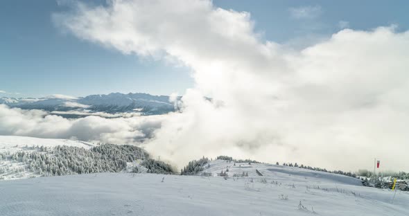 Timelapse View of a Forest Covered with Fresh Snow and Clouds in the Aletsch Arena Area