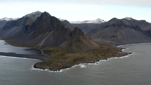 Drone Of Landscape With Coastline And Estrahorn Mountain alt