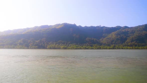 Hills and coastline on the way to St. Martin's Island, Bangladesh, wide shot alt