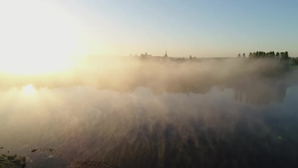 Sunrise and Fog Over the River Styr and the Historic Part of Lutsk Ukraine alt