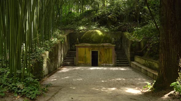 Abandoned Temple in Bamboo Forest in Botanical Garden of the University of Coimbra alt