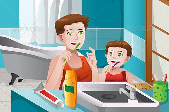 Father Teaching his Son How to Brush his Teeth - People Characters