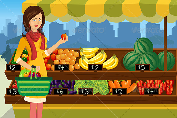 Woman Shopping in an Outdoor Farmers Market - People Characters