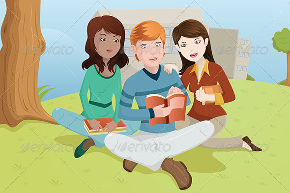 College Students Studying Outdoors - People Characters