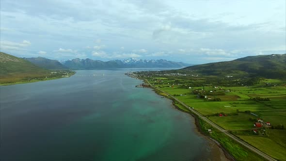Aerial footage of Sorland on Vesteralen islands in Norway alt