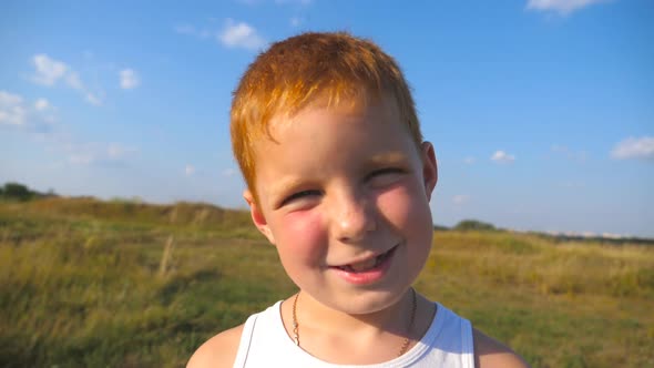 Portrait of Happy Red Hair Boy with Freckles Laughs Outdoor alt