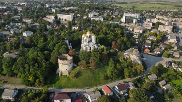 Aerial Shot The City Ostroh. Ostorg Castle. Theological Cathedral. Ukraine alt