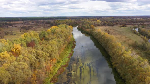 Aerial View of the Beautiful River Landscape at Autumn.