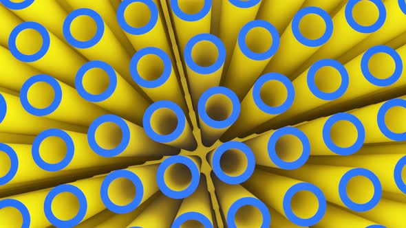 Multicolored texture of yellow pipes with blue ends moves slowly.