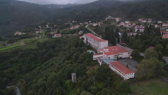 Famous Golden Tulip Caramulo Hotel and SPA in Portugal. Aerial panoramic view alt