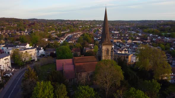 Aerial Drone View of a Church and Spire in a Typical English Town alt