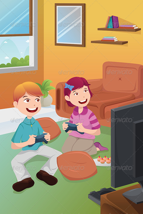 Kids Playing Video Games at Home - People Characters