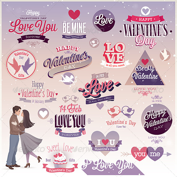Valentines Day Set Emblems and Decorative Elements - Valentines Seasons/Holidays