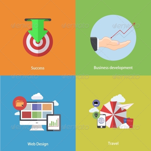 Flat Modern Icons on Sample Background - Concepts Business