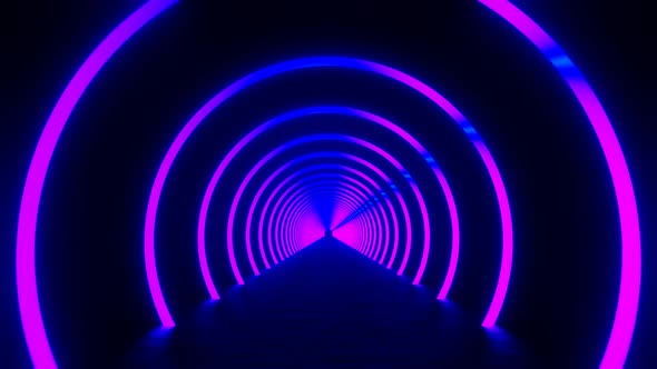 Looped Abstract Background of Flight Inside Iridescent Neon Circles Tunnel