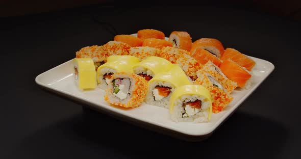 Sushi .Rolls With Different Fillings Inside. Japanese Cuisine