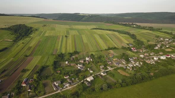 Aerial view of small village with small houses among green trees with farm fields and distant alt