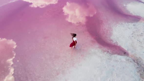 Attractive Young Woman in Red Skirt Walking Along Dry Salty Shore of Pink Lake alt