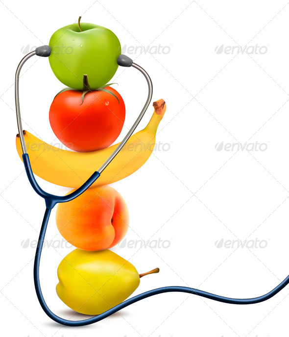 Fruit with a Stethoscope Healthy Eating Concept - Health/Medicine Conceptual
