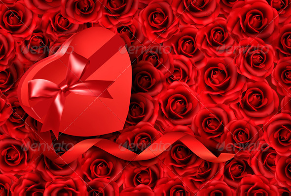 Heart Shaped Gift Box on Rose Background - Valentines Seasons/Holidays