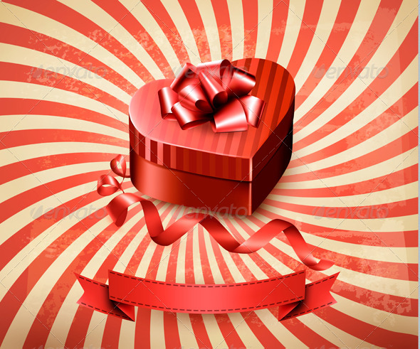 Heart-Shaped Gift Box on Retro Background - Valentines Seasons/Holidays