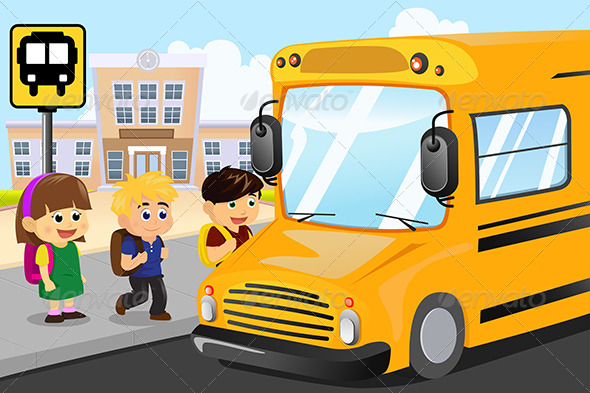 Kids Waiting to Get on a School Bus - People Characters
