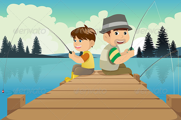 Father and Son Going Fishing in a Lake - People Characters