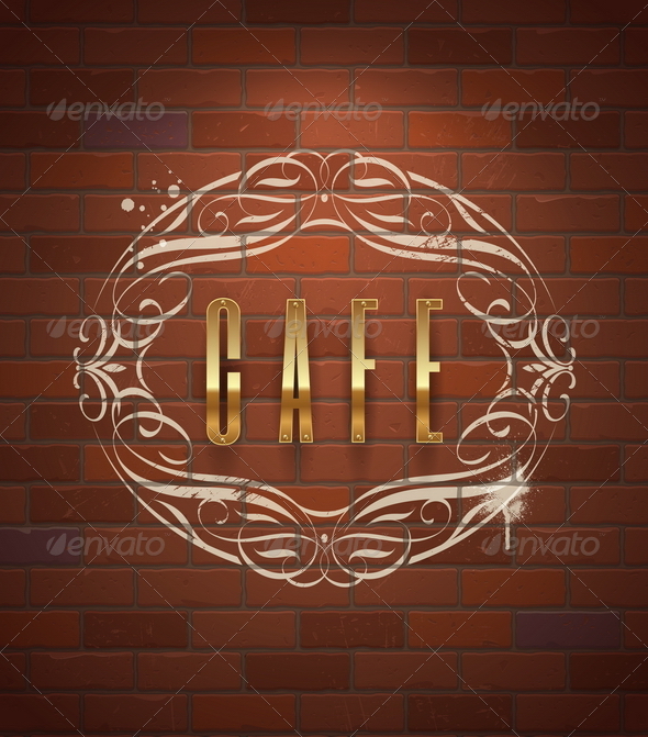 Cafe Decorative Golden Sign on Vintage Brick Wall - Decorative Vectors