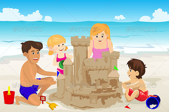 Family Building Sand Castle - Travel Conceptual