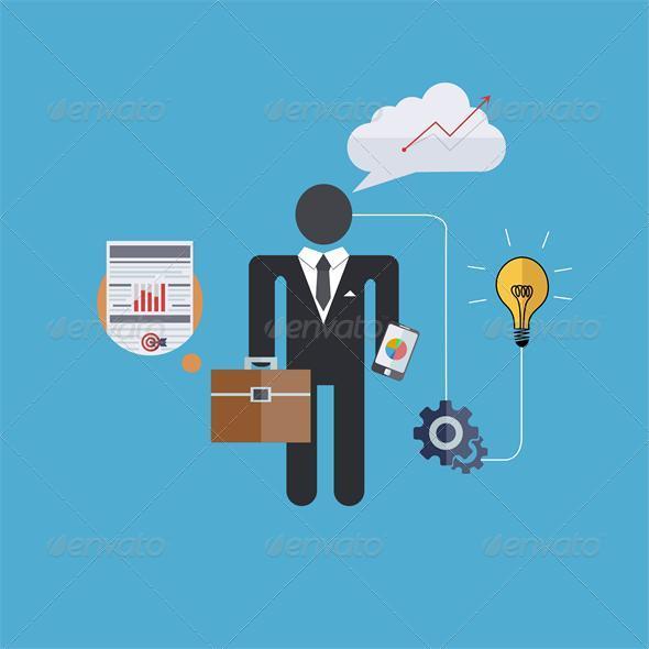 Flat Modern Icons on Blue Background - Concepts Business