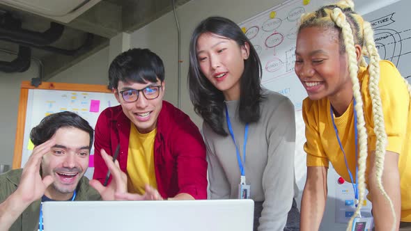 Asian and caucasian staff creative senior designer coworkers success consulting in office on how to alt